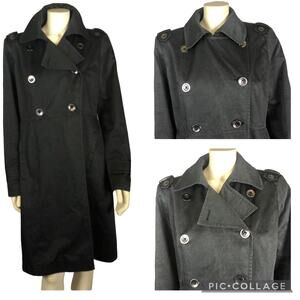 DKNY black double breasted trench coat lined in red size large